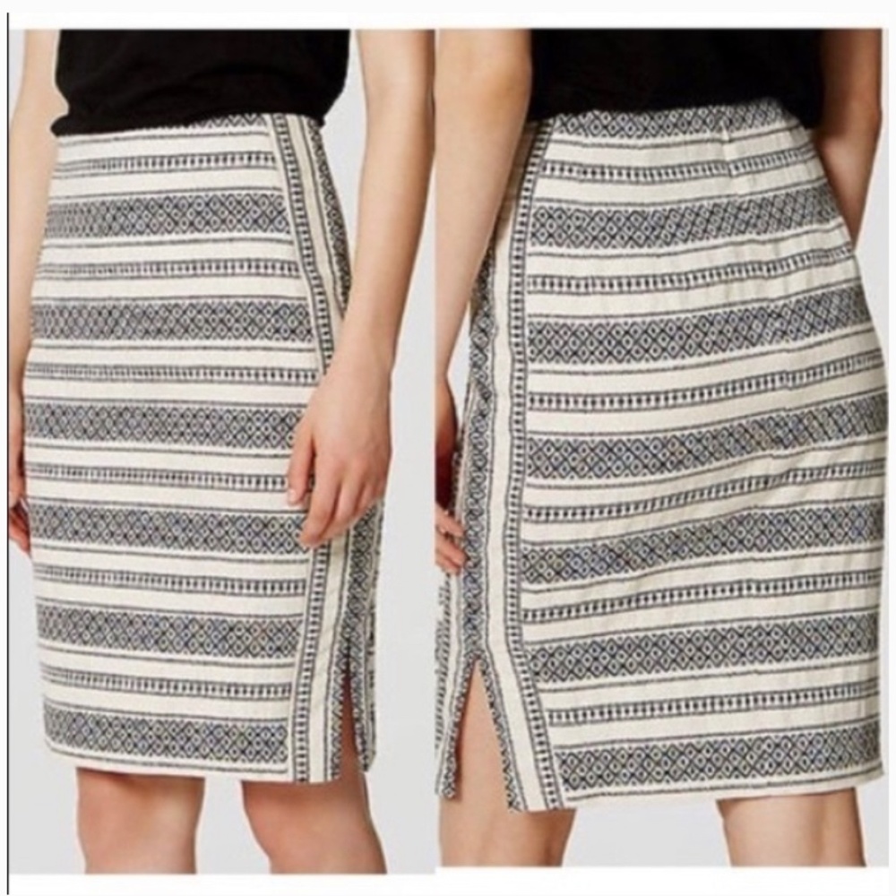 LOFT Embroidered Pencil Skirt New Black White Mosaic Tribal - Picture 4 of 4